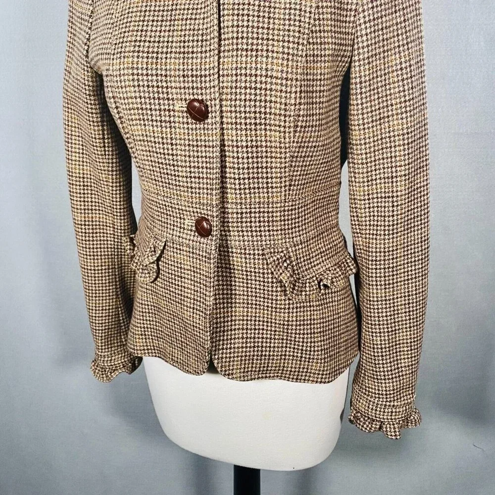 J Crew Blazer Womens Brown Wool Blend Houndstooth Jacket Ruffle - Picture 5 of 12